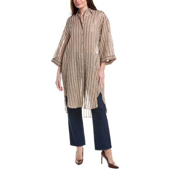 Brunello Cucinelli WomensSequin Stripe Long Shirt Beige